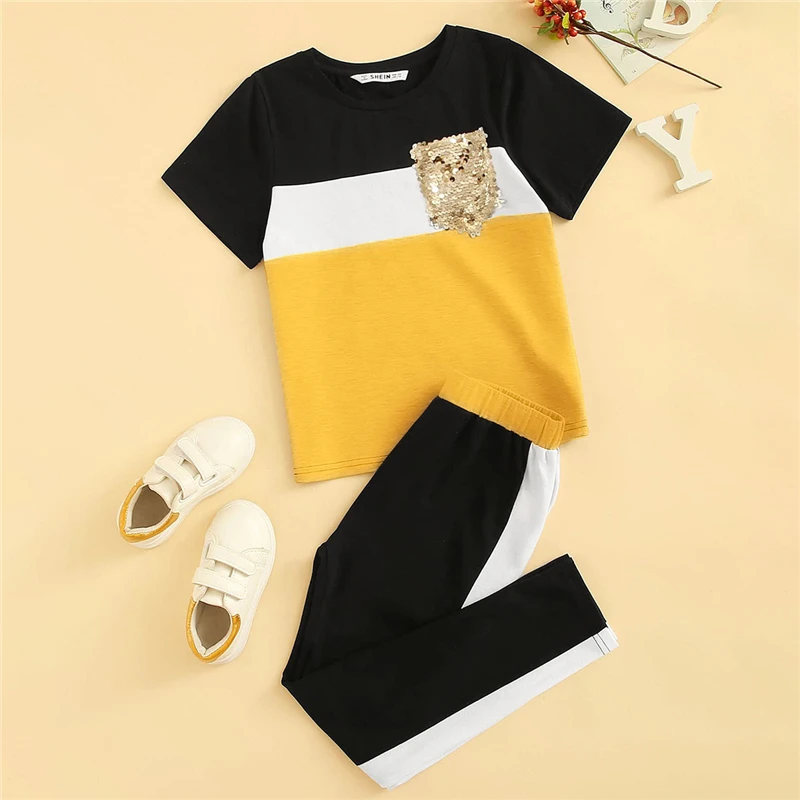 SHEIN Kiddie/укороченный топ с тропическим принтом и байкерские шорты для маленьких девочек, г., летняя одежда без рукавов для активного отдыха обтягивающие комплекты
