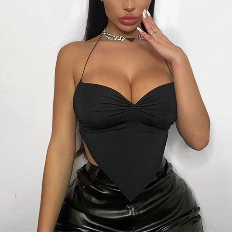 

Women's Fashion Solid Color Sexy Halter Pleated Halter Vest Black