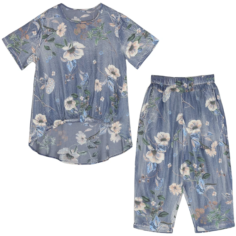 

Flower Printing Cowboy Denim Short Sleeve Casual Two-piece Suit 2020 Summer New L XL Size Loose Female Women Two Piece Outfits