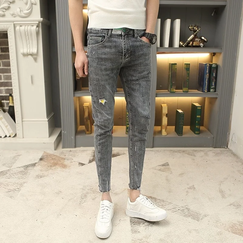 

Mens Jeans Fashion Hole Design Outdoor Korean Style Classic Slim Pockets 2021 Spring New Vintage Casual Ankle Length Pants