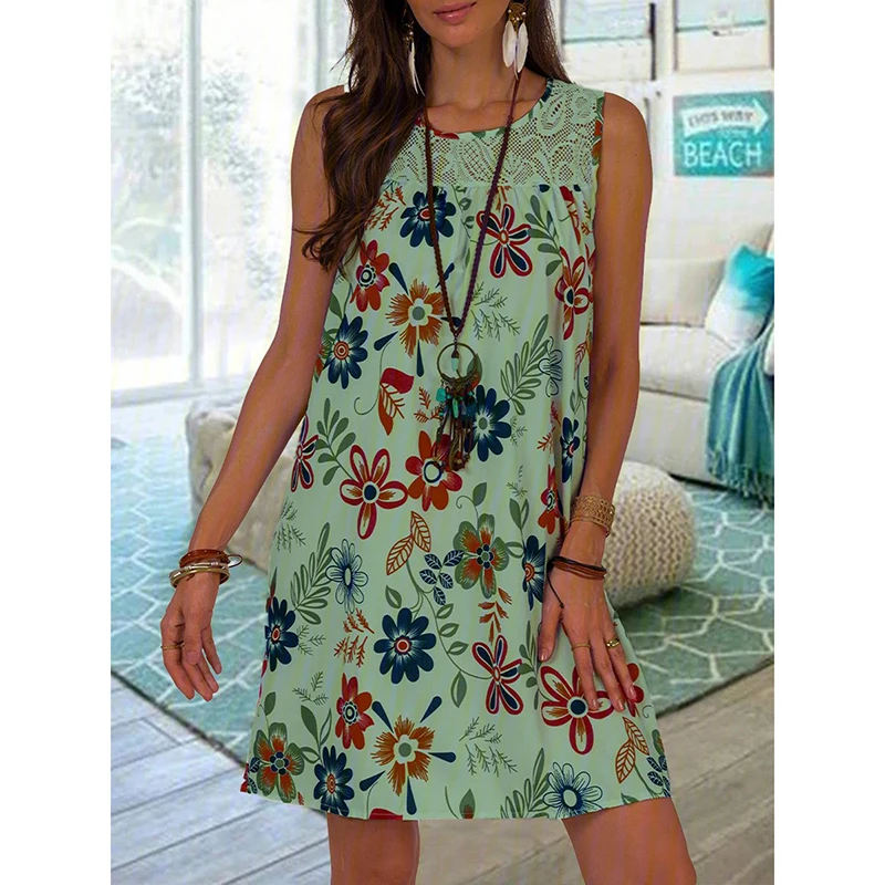 

2021 Summer Women's Lace Stitching Floral Vest Dress Retro Sleeveless Bohemian Beach Skirt Casual Loose Print Vest Dress