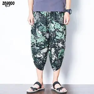 Мужские повседневные Цветочные со средней талией свободные пляжные, длиной до икры хлопковые регулируемые на завязках льняные шаровары
