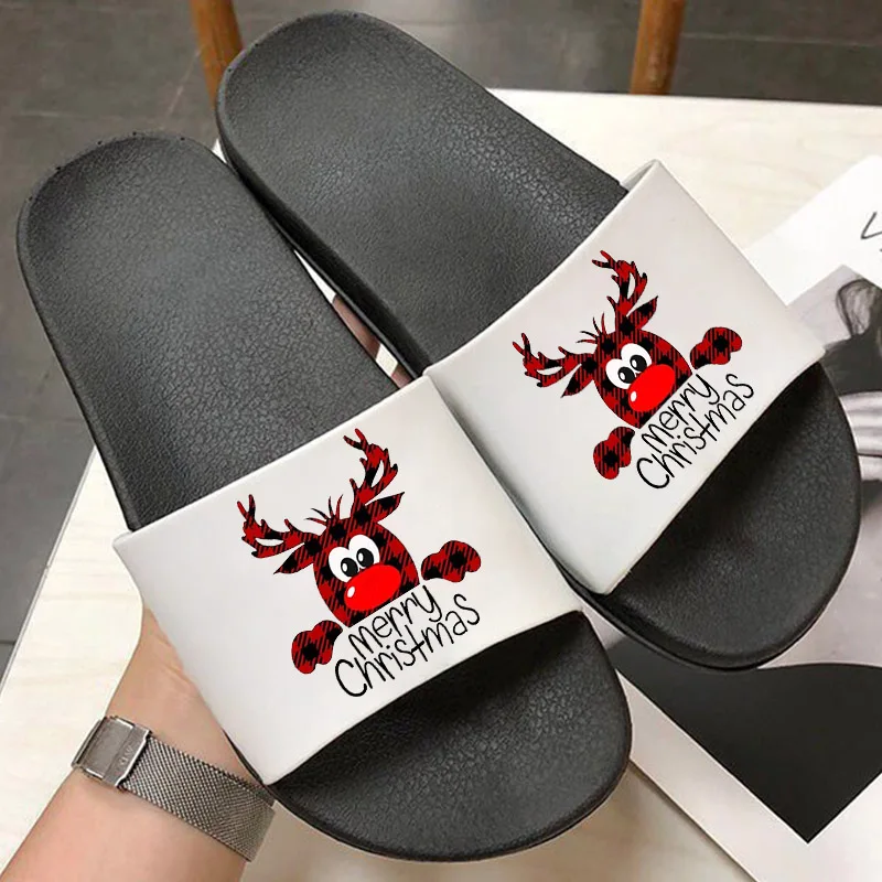

Christmas Reindeer Good Morning Printed Holiday Home Slippers Womens 2022 Sandals Indoor Bathroom Anti-slip Slides Ladies Shoes