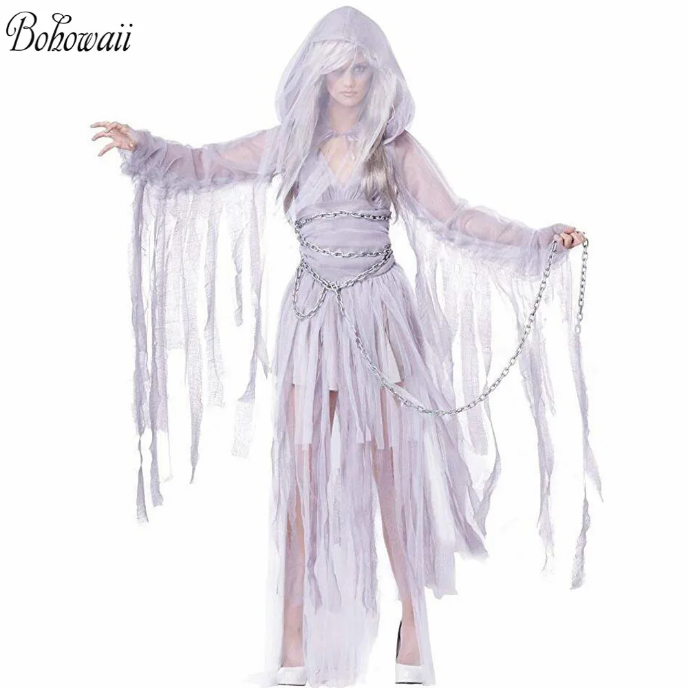 

BOHOWAII Halloween Costumes for Women Haunting Beauty Ghost Spirit Costume with Chains Disfraz Dress disfraz la casa de papel