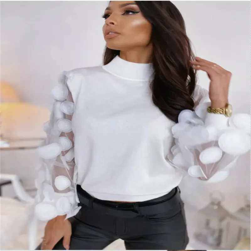 Женская блузка в горошек с оборками сетчатые прозрачные пуловеры фонарь длинный