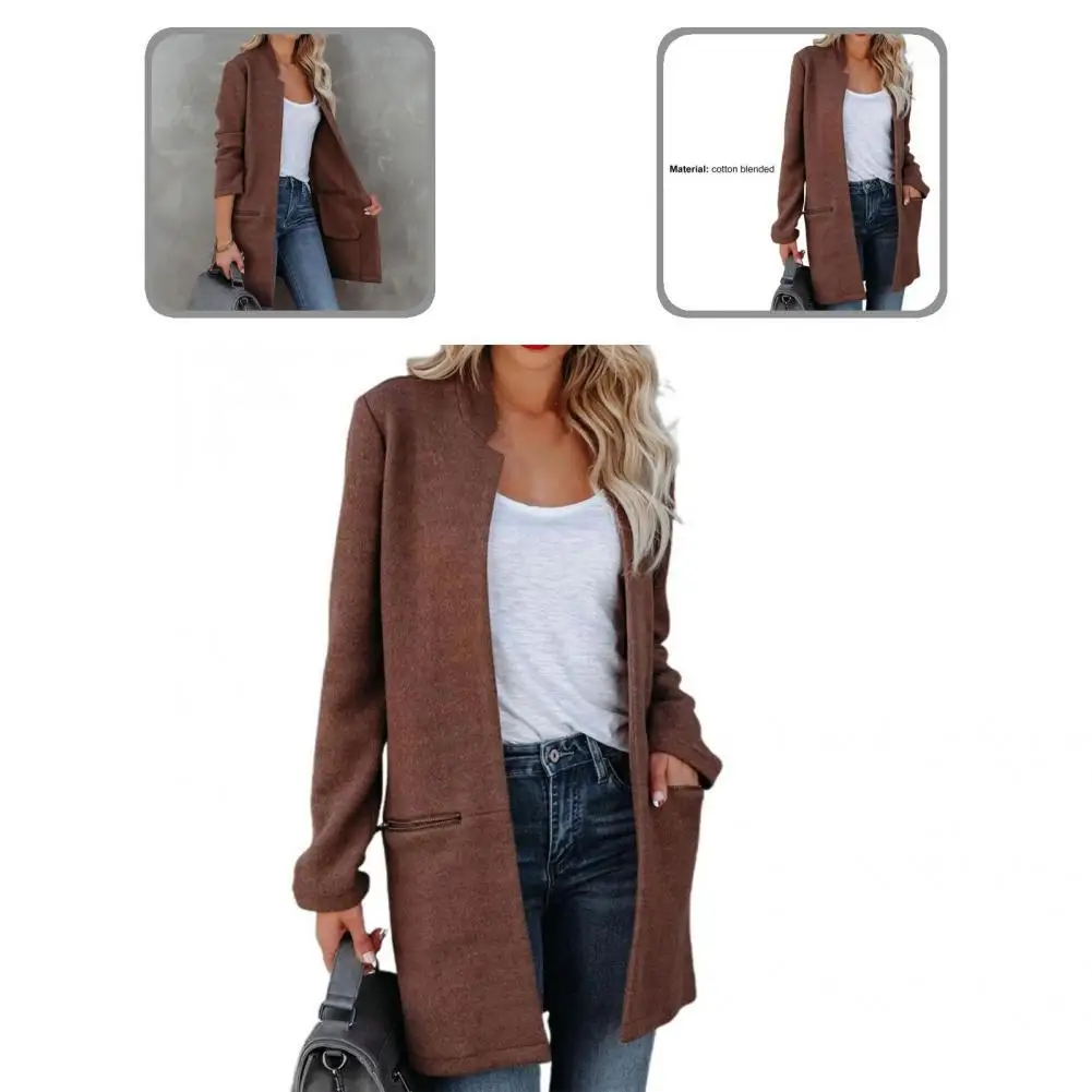 

Suit Coat All-Match Cardigan Coat Soft Fabric Zipper Pockets Charming Loose Long Casual Jacket Coat