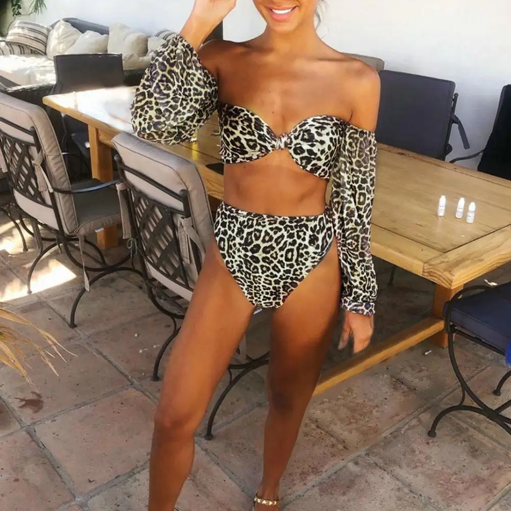 

2021 2Pcs Women Leopard Knot Off Shoulder Padded Bra Bikini Set Swimsuit Swimwear