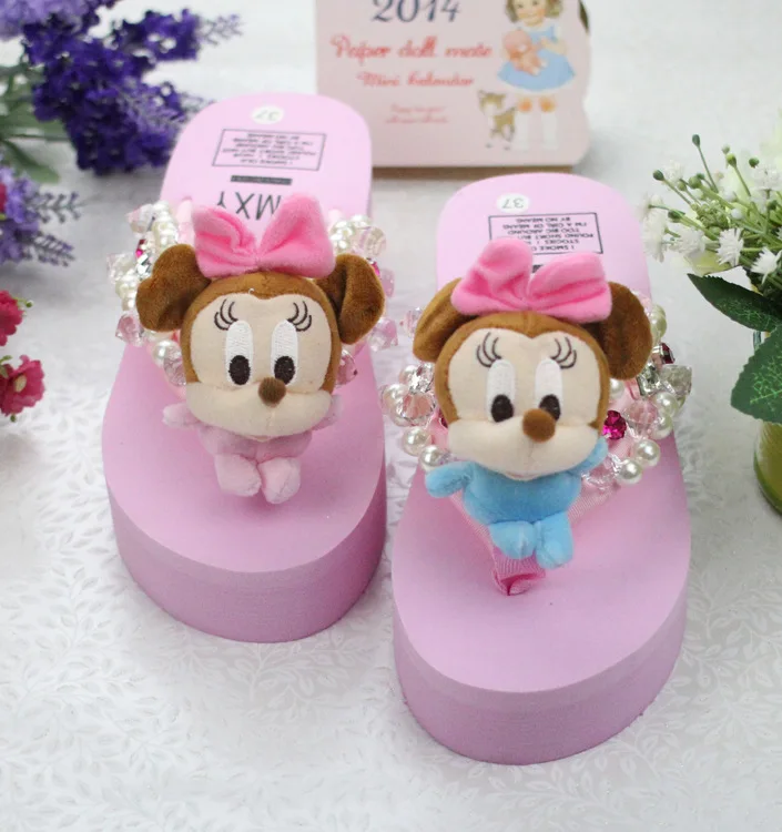 

Disney Girl Cute Minnie Handmade Slippers Pearl Jewel Flip-Flops Beach Slope Shoes