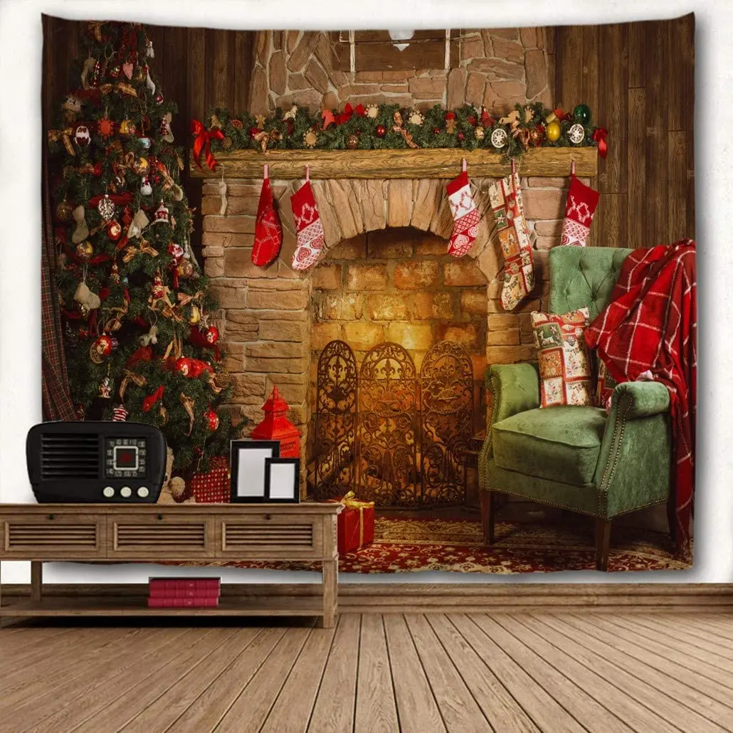 

Christmas Tapestry Xmas Merry Christmas Tree Brick Fireplace Stockings Wall Hangings Tapestries for Bedroom Living Room Dorm