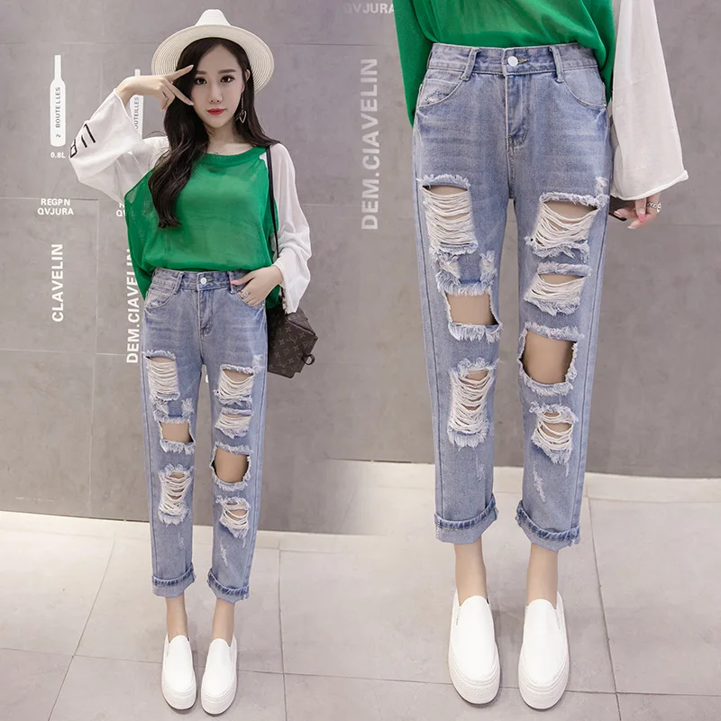 

Джинсы женские рваные из чистого хлопка, винтажные прямые брюки с дырками, с завышенной талией, штаны в девятиточку, легкие