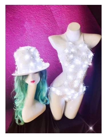 Led lumious костюм сексуальная сцена gogo шоу белые шапки с боди Женская певица одежда| |