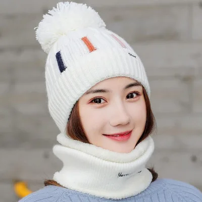 Knitted Hat With Scarf Collars SUOGRY Sets For Women Winter Ladies Hat& Scarf With Pompom Thick Two Piece Keep Snow Warm Set - Цвет: white