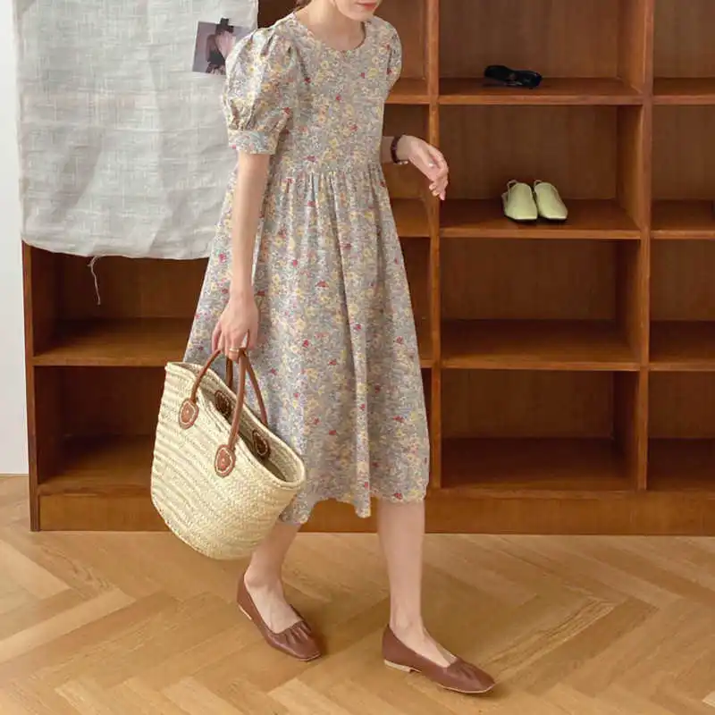 

Summer Long Floral Round Collar Loose High Waistline Sundress