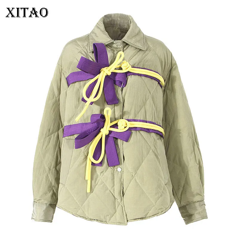 

XITAO, парки в китайском стиле, пуговицы с бантами, винтажные, контрастные цвета, отложной воротник, длинный рукав, свободные, универсальные, дл...