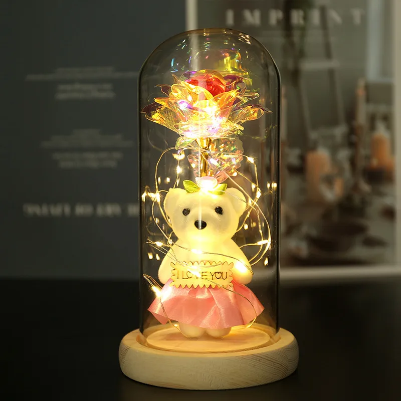 

Beauty and the beast in pink with pink bear in glass decoration for wedding birthday valentine's day mother's gift Beauty