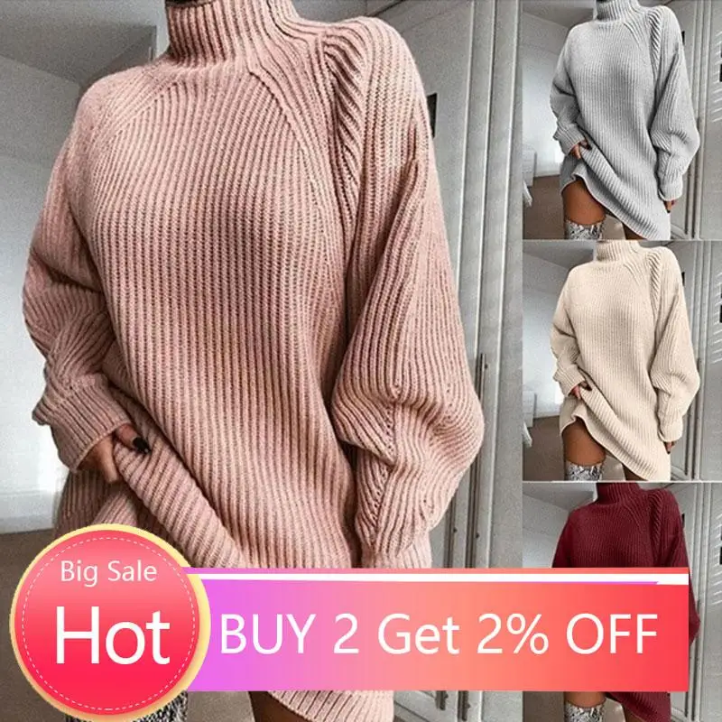 Long Sleeve Sweater Dress Women Autumn Winter Loose Tunic Knitted Casual Pink Gray Clothes Solid Dresses | Женская одежда