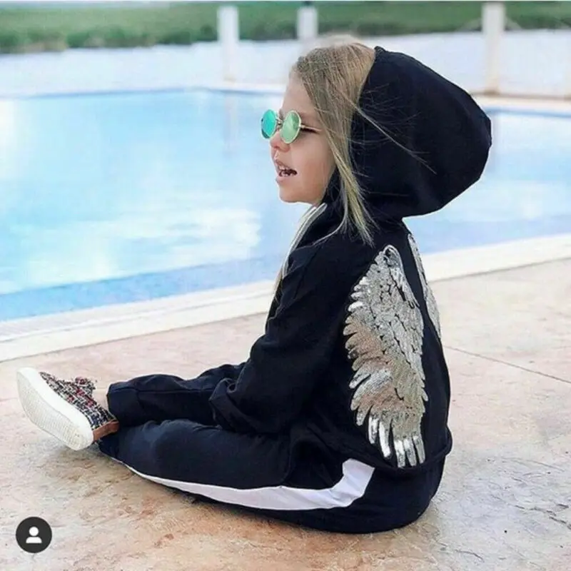 Toddler Baby Girl Winter matching Clothes Hooded black Wing Tops Sweatshirt Long Pants casual Tracksuit sport Outfit | Детская одежда и
