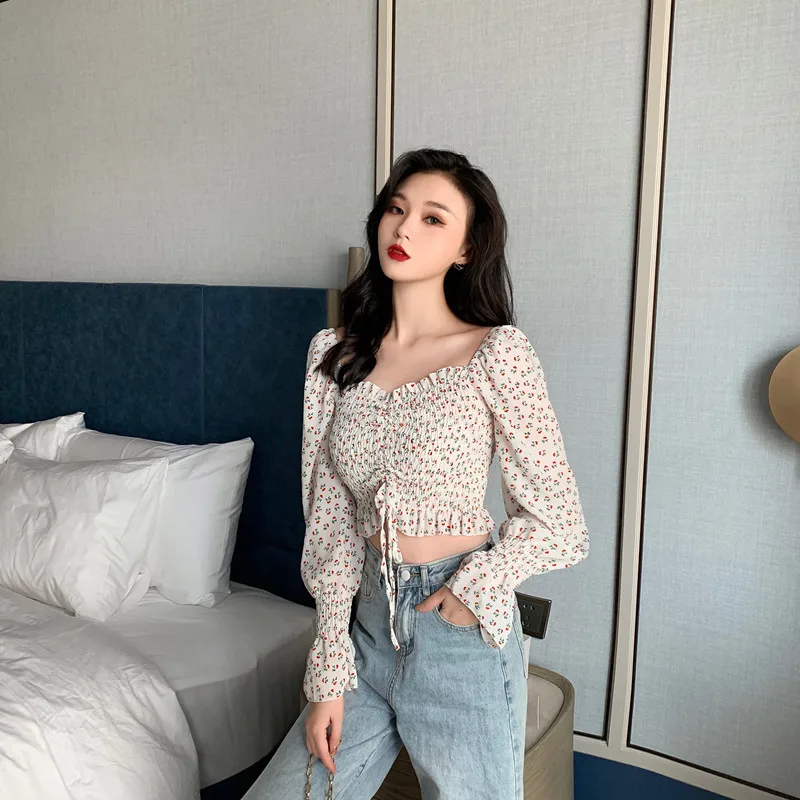 

Женская модная рубашка с длинным рукавом и квадратным вырезом, блузка с цветочным принтом для отдыха, путешествий вечерние Ринок, фотографи...