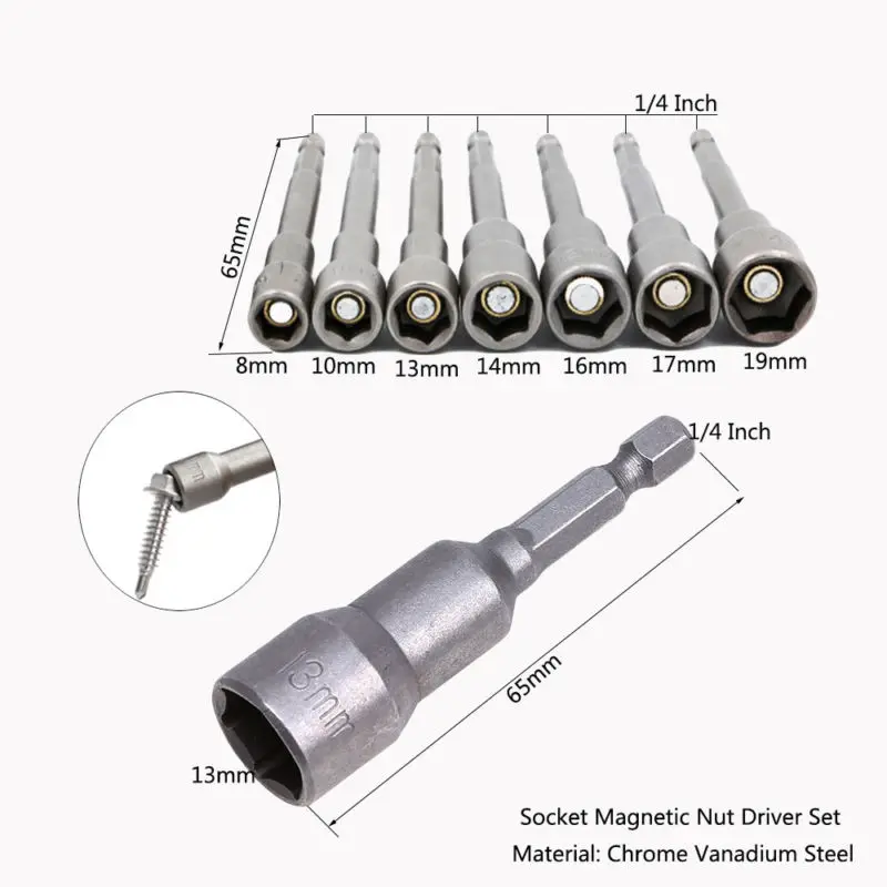 

Hot 8mm -19mm Socket Magnetic Nut Driver Set Adapter Drill Bit 1/4 Hex Shank