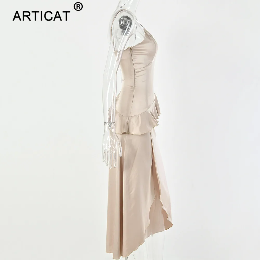 Articat, асимметричное, с оборками, сексуальное, сатиновое платье, женское, элегантное, на тонких бретелях, с разрезом, облегающее, рождественское платье, для девушек, длинное, вечерние, платье