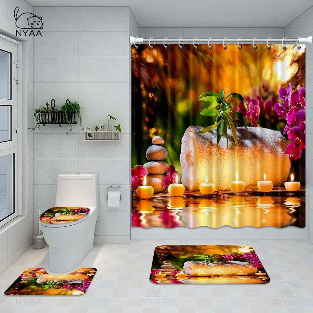 4Pcs/set Bamboo Landscape Bathroom Shower Curtains Durable Waterproof Bath Curtain Set Toilet Cover Mat Non-Slip Rug | Дом и сад