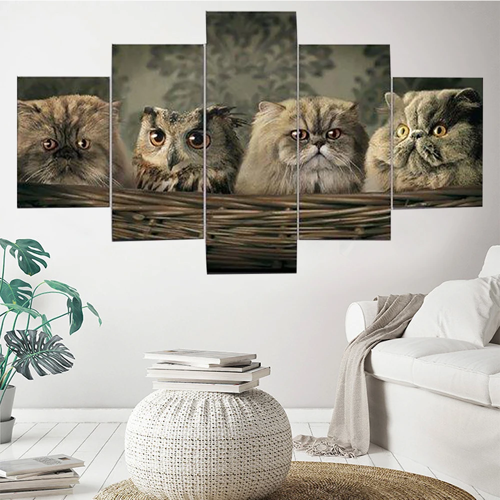 

5 Pieces Wall Art Canvas Painting Animal Poster In the Basket Cute Cats And Owl Nordic Home Modern Living Room Decoration