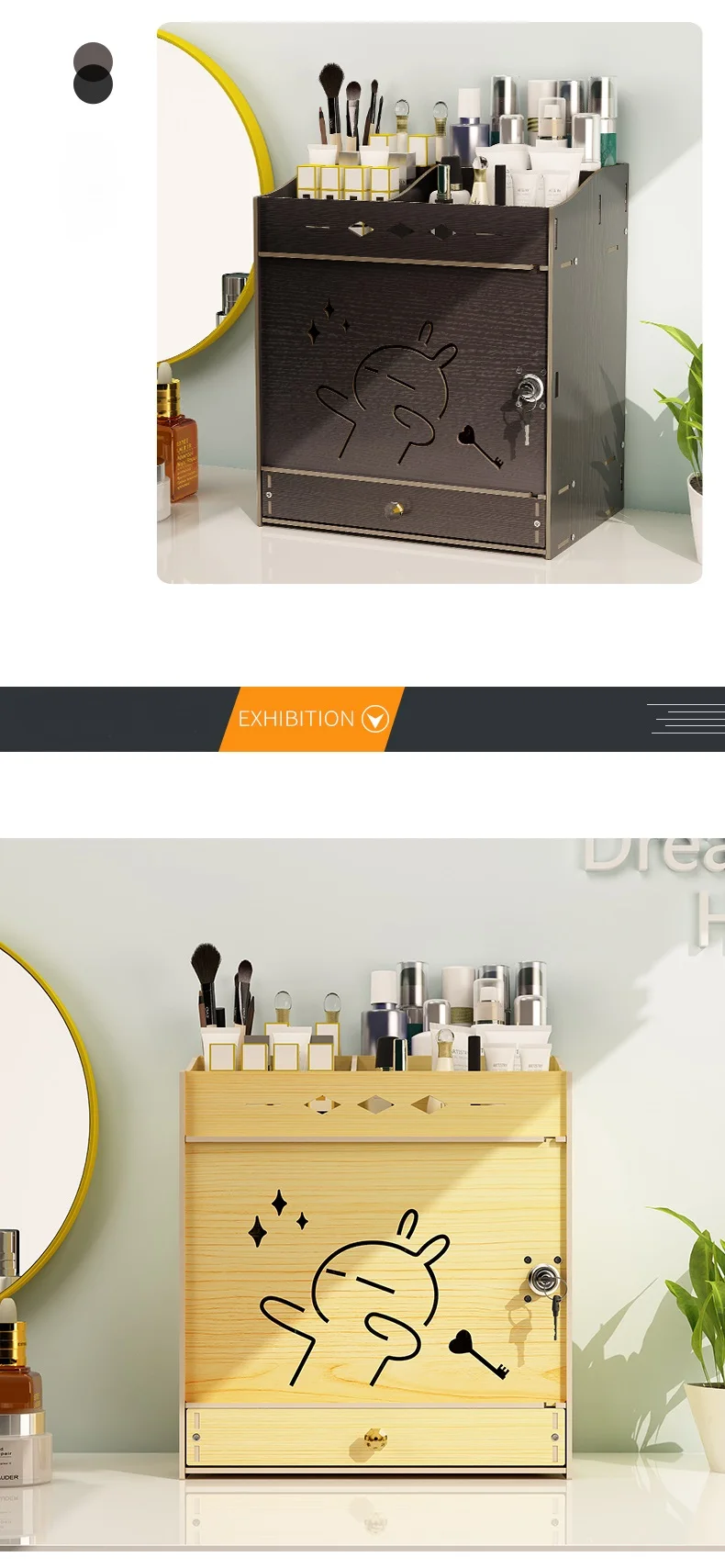 Большой емкости деревянный ящик для хранения косметики DIY спальня с заблокированным ящиком Органайзер чехол серьги кольцо дисплей