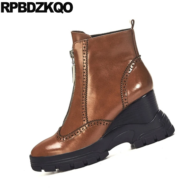 Женские ботильоны на платформе коричневые полусапожки высоком каблуке с круглым