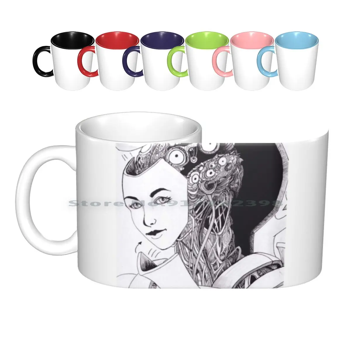 

The Visitor Ceramic Mugs Coffee Cups Milk Tea Mug Monsters Horror Black And White Gloomy Disguise Traditional Ink