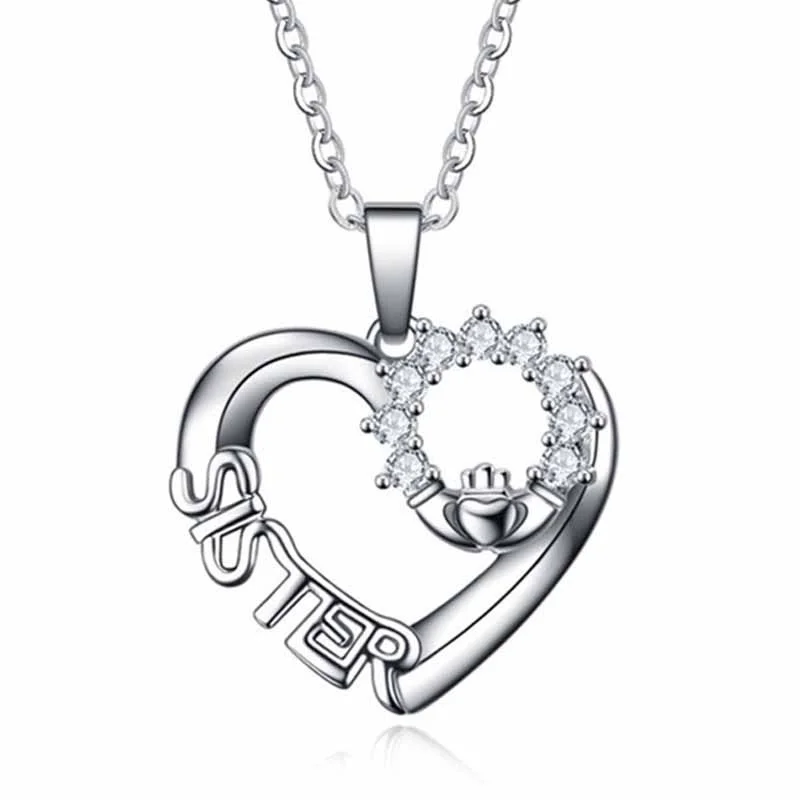 

925 Sterling Silver Women'S Heart Hand Crown Pendant Sister Letter Zircon Necklace Best Friends Bff Sisters Jewelry Gifts