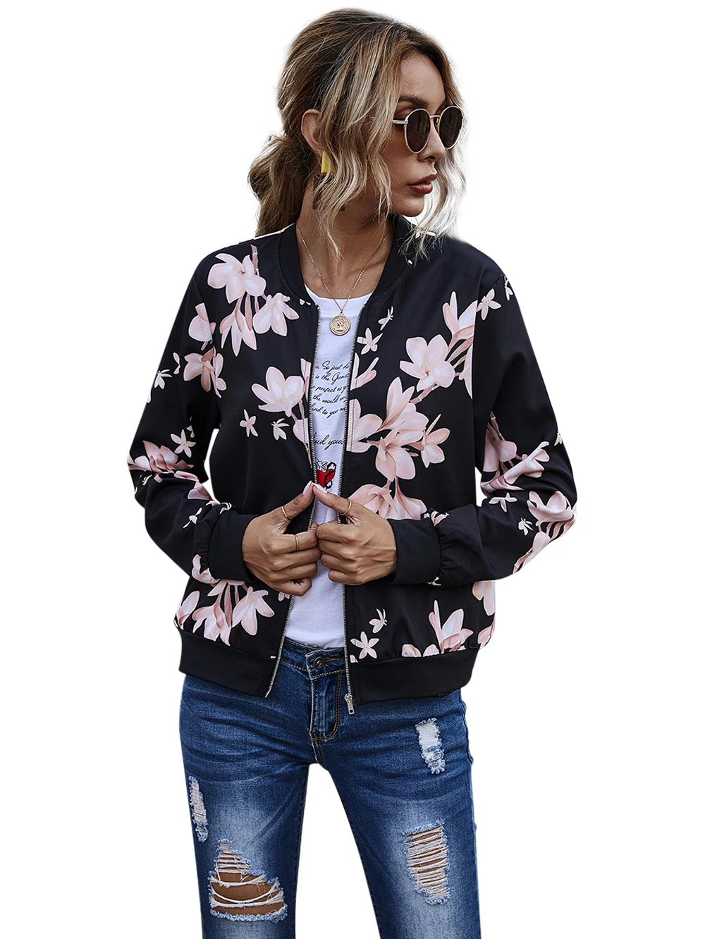 

Fashionable European-American style women's round neck baseball suit Autumn winter street wear casual women's zipper print coat