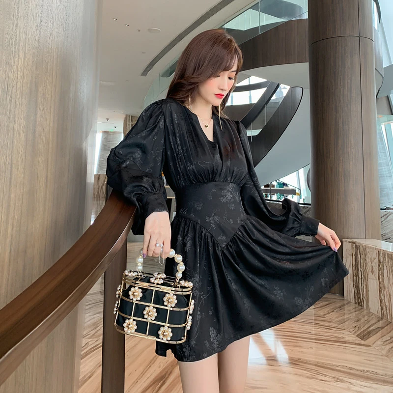 

new arrival fashion v-neck a-line dress women elegant office lady temperamental work style sweet high quality black a-line dress