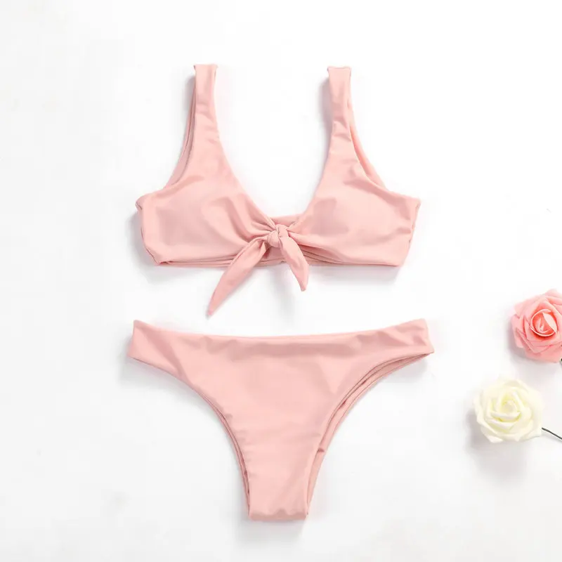 

New Style Swimsuit 2020 Chest Knot Bikini High Waist Pure Color Swimsuit