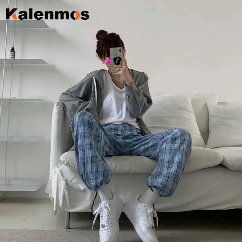 Тренировочный костюм брюки Харадзюку женские зеленые клетчатые KALENMOS прямые с