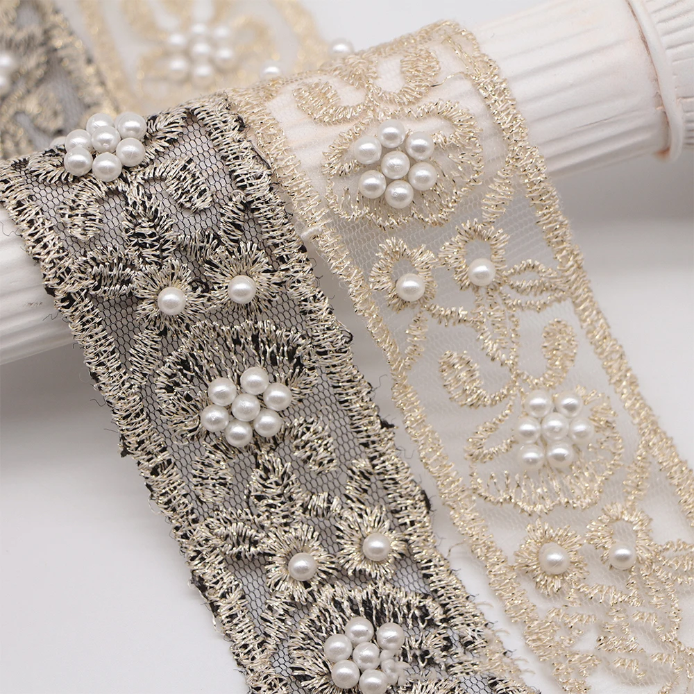 

2 yards organa pearl beaded lace trims for wedding dress Embroidery stirip lace trimmings for clothes Ribbons and trims fabric