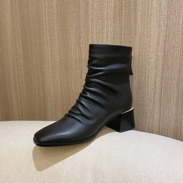 

MLJUESE 2021 women soft ankle boots cow leather zippers boots winter short plush square toe high heels women boots