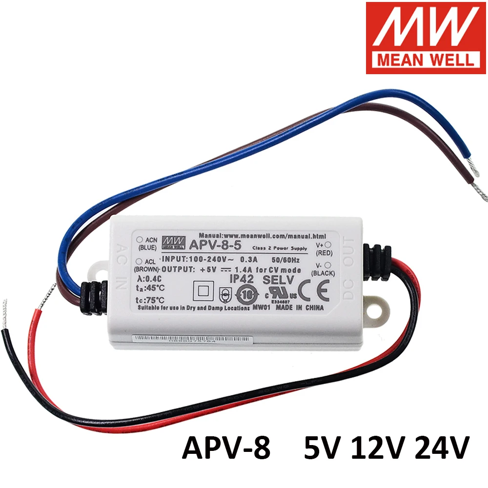 

Taiwan MEAN WELL Apv-8 8W Single Output switching Power Supply 5V 12V 24V Constant Voltage Meanwell Driver for LED Lighting