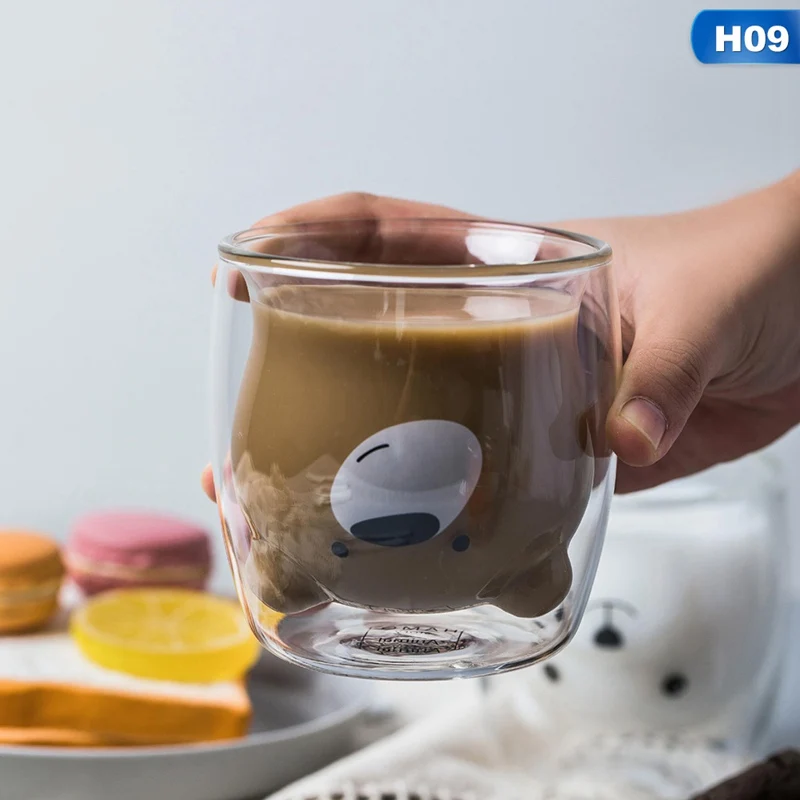 TEA0077H09 Необычный, прозрачный с двойными стенками стеклянный мультфильм Медведь Кот утка кофейная кружка Молочный Сок Милая чашка отправить подарок подруге кошка лапа чашка - Цвет: TEA0077H09