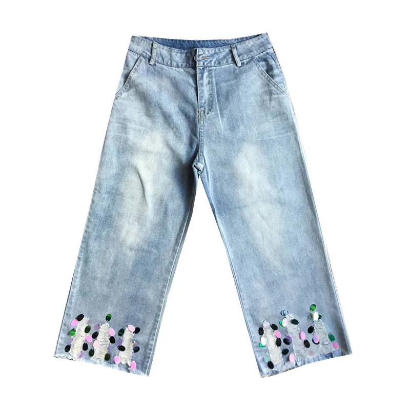 Летние женские винтажные широкие брюки с завышенной талией и блестками джинсы