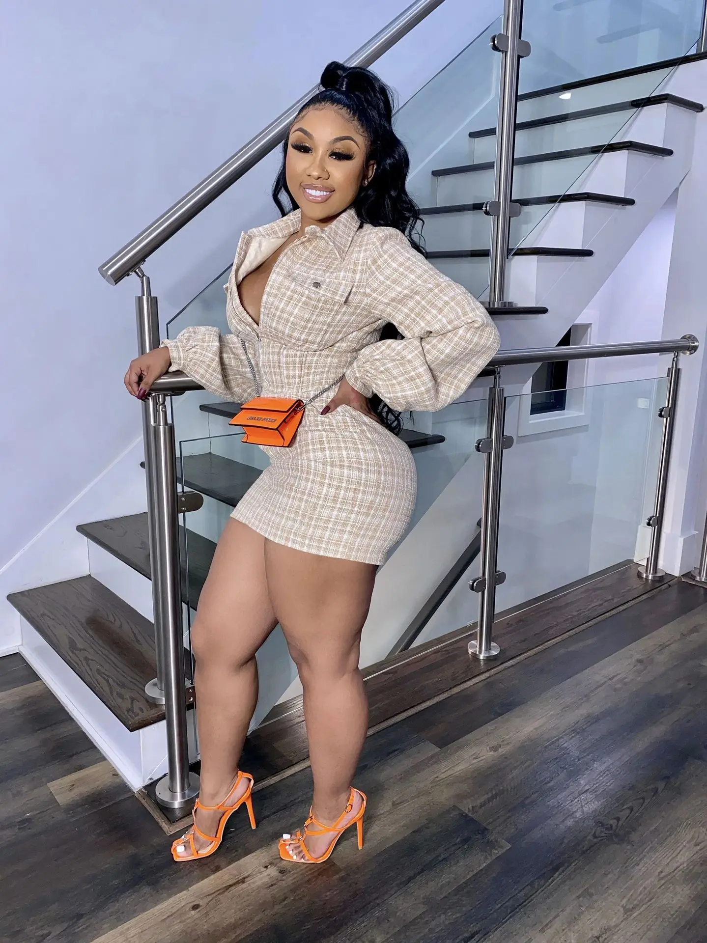 

Ladies Fashion Shirt Collar Lantern Sleeve Zipper Dress Sexy Temperament European And American Women