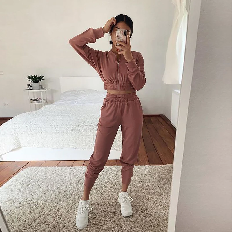 

Autumn Women Two-piece Solid Color Clothes Tracksuit Solid Color Zipper Open Front Crop Tops and High Waist Pants Outfit