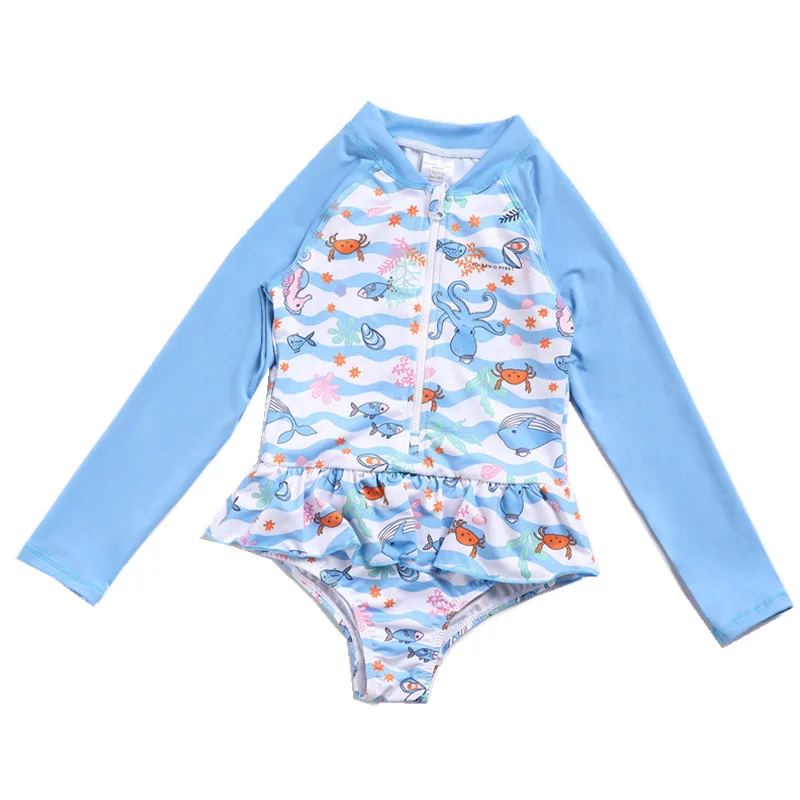 

2021 Girls Long-sleeved One-piece Swimsuit Zipper Surfing Suit Cute Sun Protection Conservative Ladies Swimsuit 7-16 Years Old