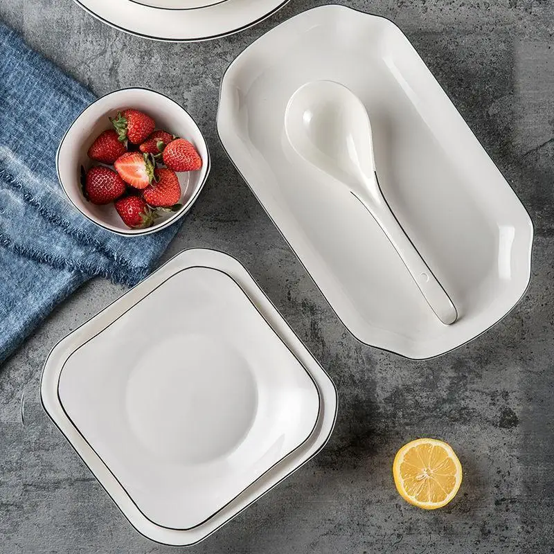 Посуда с черной окантовкой домашняя столовая миска столовые приборы тарелка