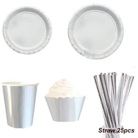 57pcsset silver paper plates cups straws tableware happy birthday party decoration wedding party disposable tableware supplies