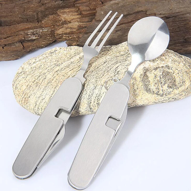 4 in 1 Outdoor Camping Tableware Folding Spoon Fork Knife Opener Stainless Steel Portable Pocket Sets for Hiking Travel Survival | Дом и сад