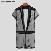 men fashion casual bodysuits short sleeve loungewear breathable mesh male see through leotard deep jumpsuits s 5xl incerun 2021