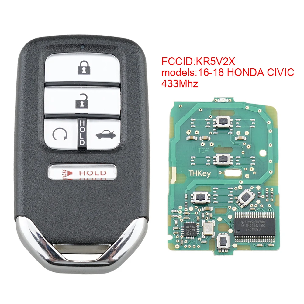 

433Mhz 5Buttons Keyless Entry Smart Prox Remote Car Key Replacement Fob with ID47/7952 Chip KR5V2X Fit for 2016-2018 Honda Civic