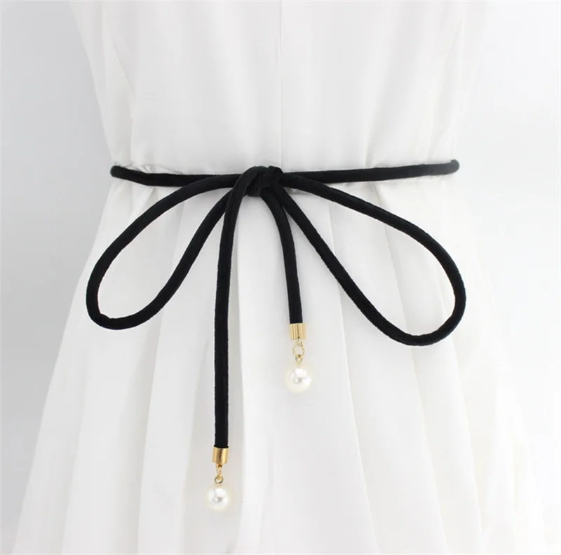 Fashion Women Tassel Knot Belt Vintage Pearl Waist Rope Fringed Waistband Girdle For Dress Female Thin Srting Femee Black