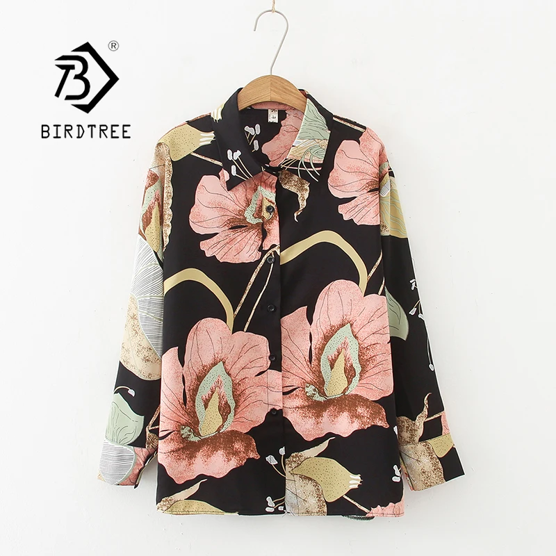 

Fall New Women Vintage Floral Print Black Shirt Long Sleeve Button Up Chiffon Blouse Summer Casual Tops Feminina Blusa T07505F