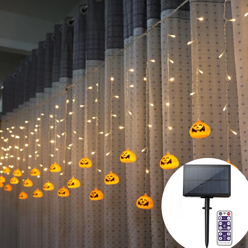 

Solar Powered 3.5M 96leds Halloween Pumpkin curtain Lights 8 Modes LED Pumpkin string Lights for Outdoor Halloween Decorations